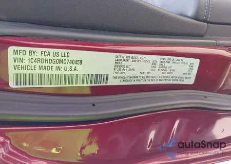 2021 Dodge Durango Gt z USA, uszkodzony, nr VIN 1C4RDHDG0MC740458